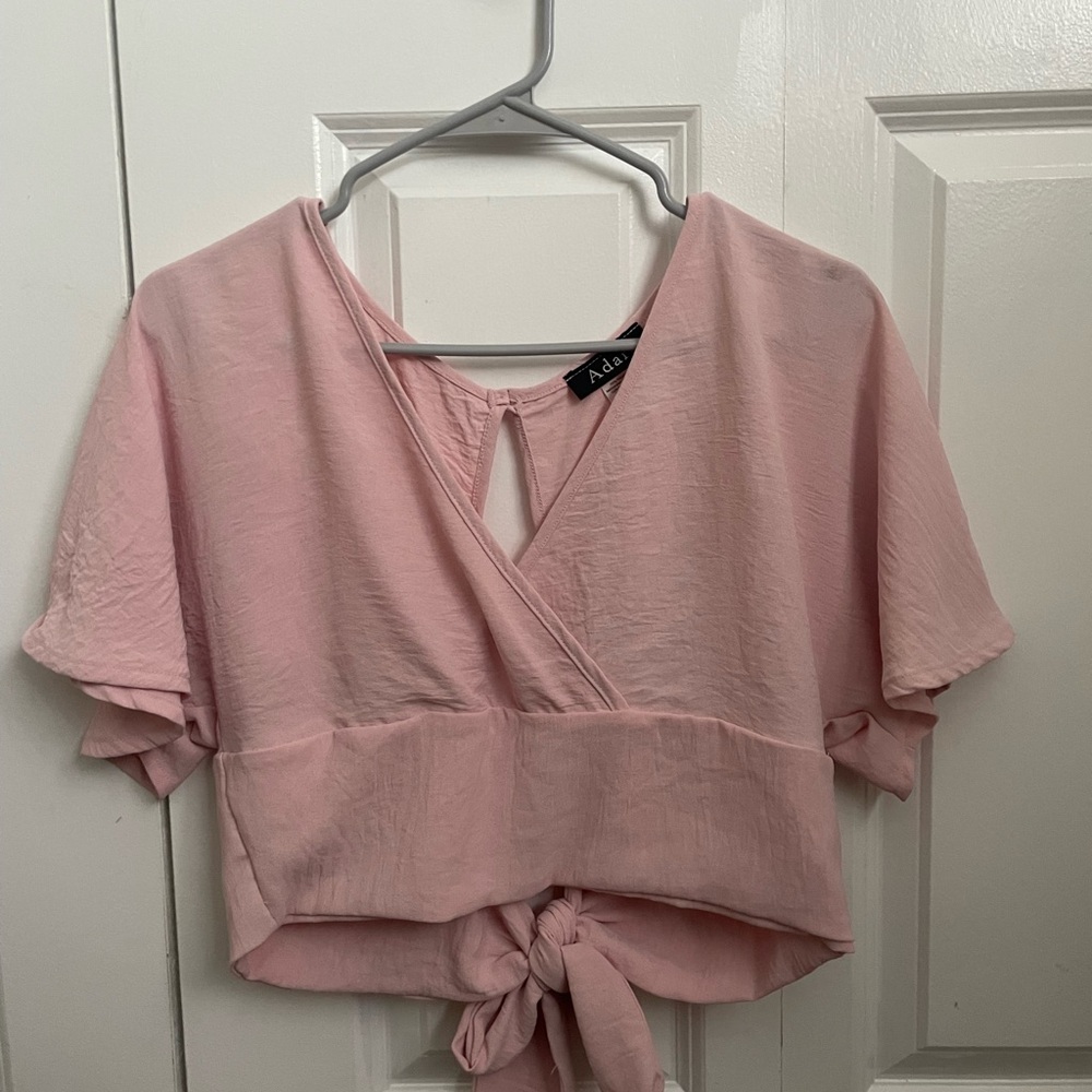 Pink Flutter Sleeve Wrap Blouse